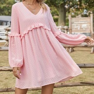Swiss Dot Ruffle Trim V-neck Smock Dress